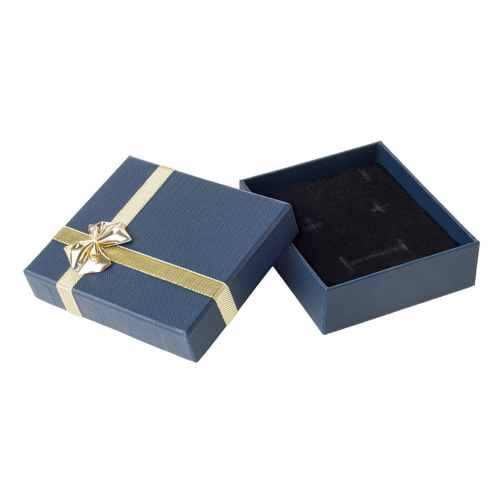LARGE EARRING BOX IN BLUE WITH GOLD RIBBON AND BOW - BOX FOR BRITAIN