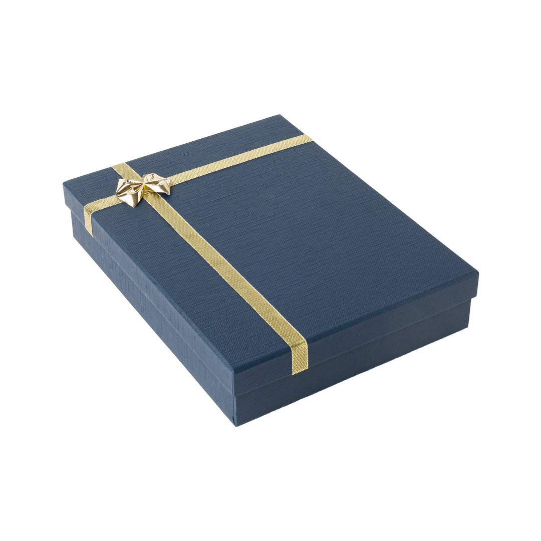 SET, COLLARETTE BOX IN BLUE WITH GOLD RIBBON AND BOW - BOX FOR BRITAIN